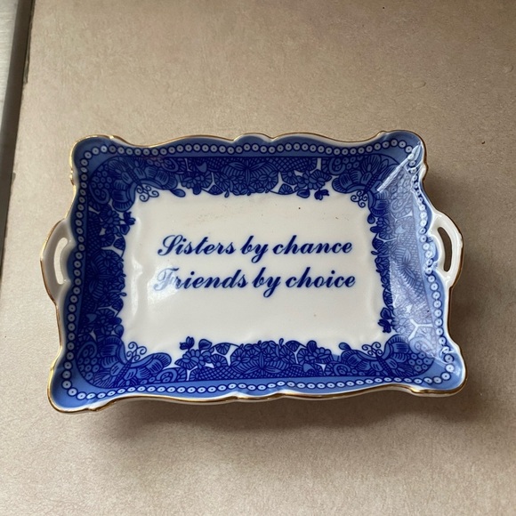 I Godinger Co Sisters By Chance Friends By Choice Blue White Trinket Dish 7” - Picture 1 of 2